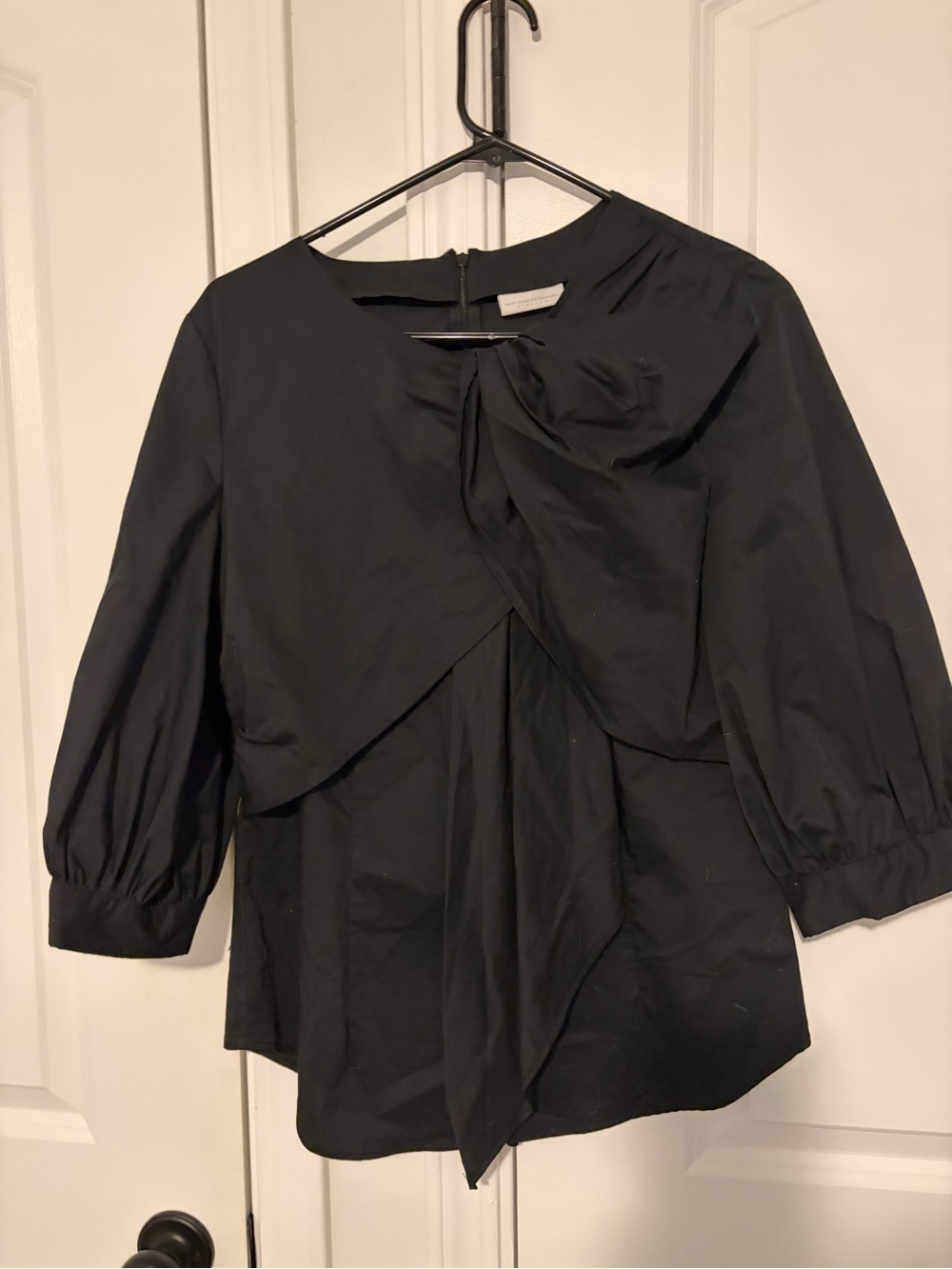 New York & Company Black Bow-Front Puff Sleeve Blouse